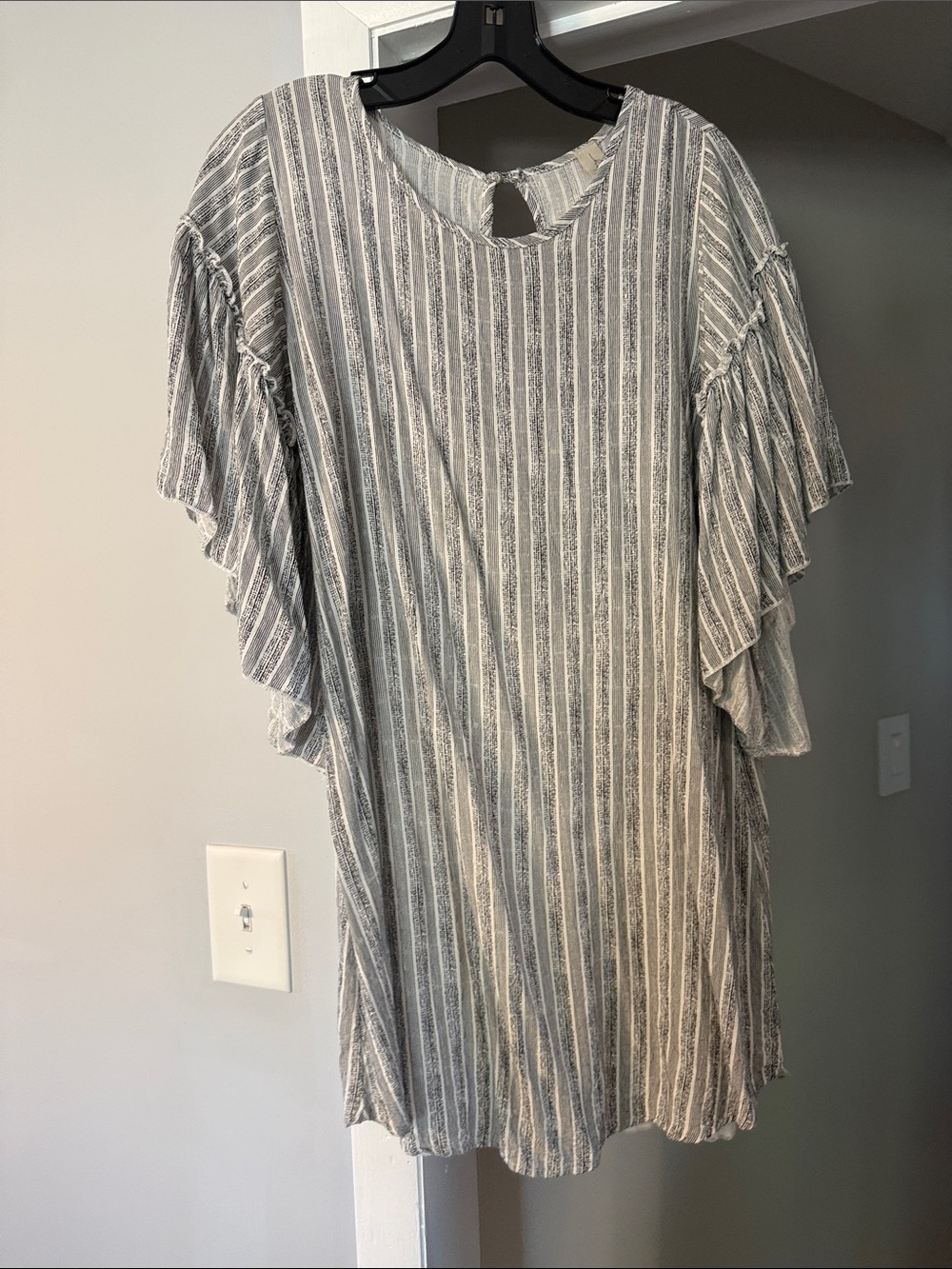 Allison Joy Gray Stripe Ruffle Sleeve Mini Dress